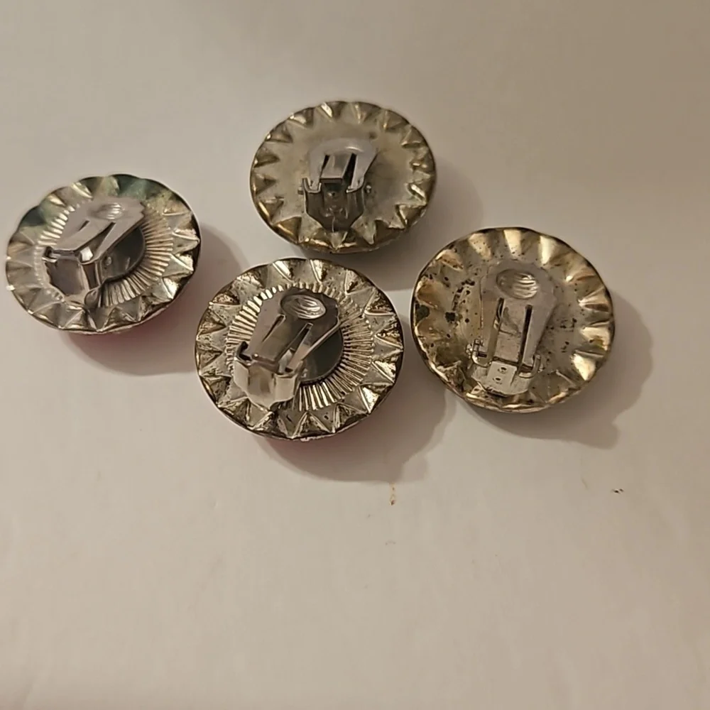Vintage 2 Prs. Brown, Red & Rhinestones Button Silvertone Clip-on Earrings